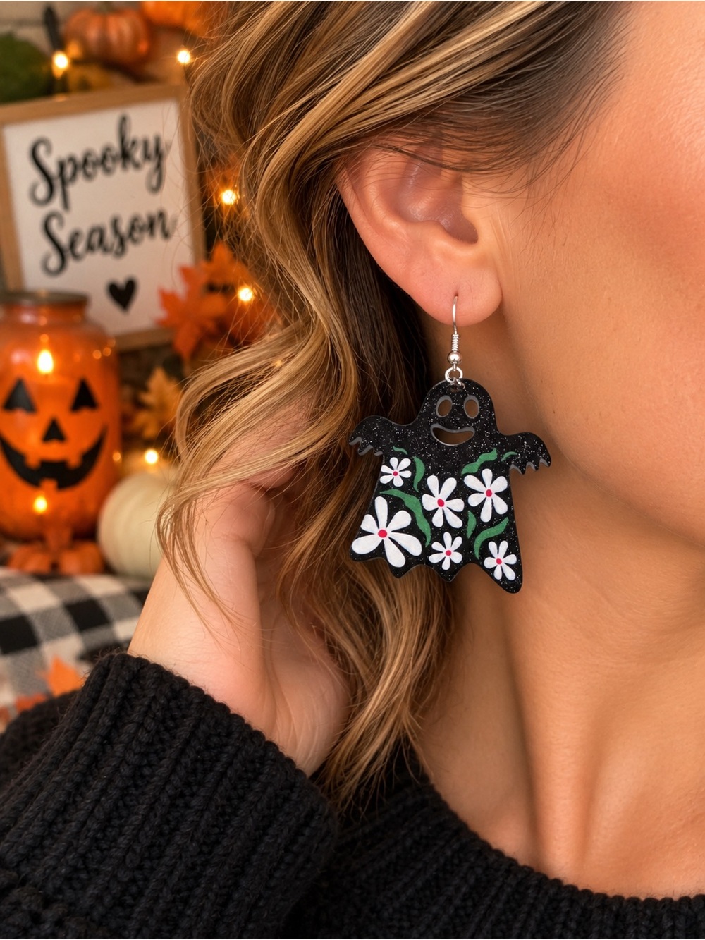 NWT Halloween Ghost Earrings Floral Daisy Spooky Cute Dangle Whimsigoth Jewelry